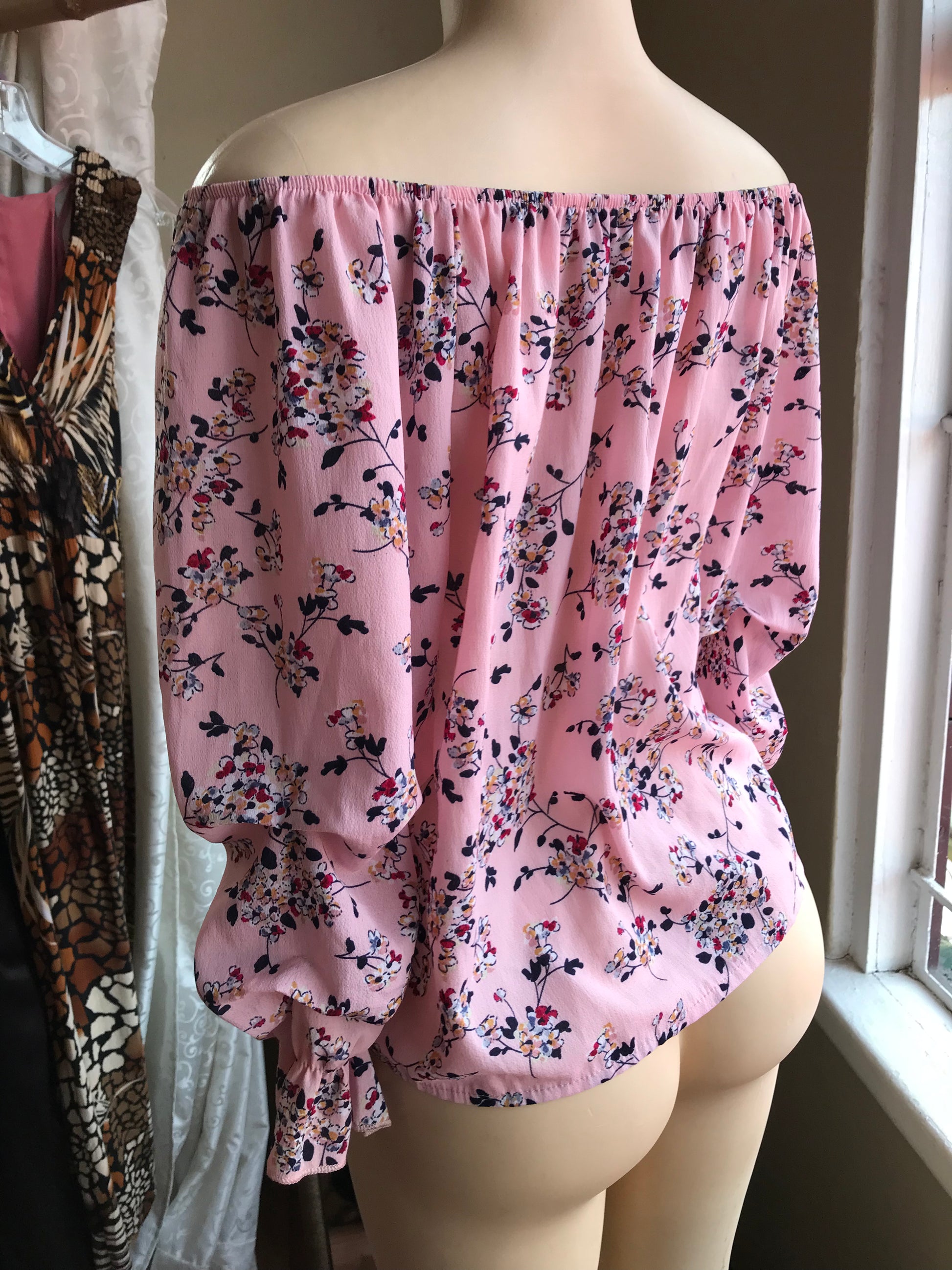 Pink Floral Off the Shoulder Blouse Ruche Sleeve