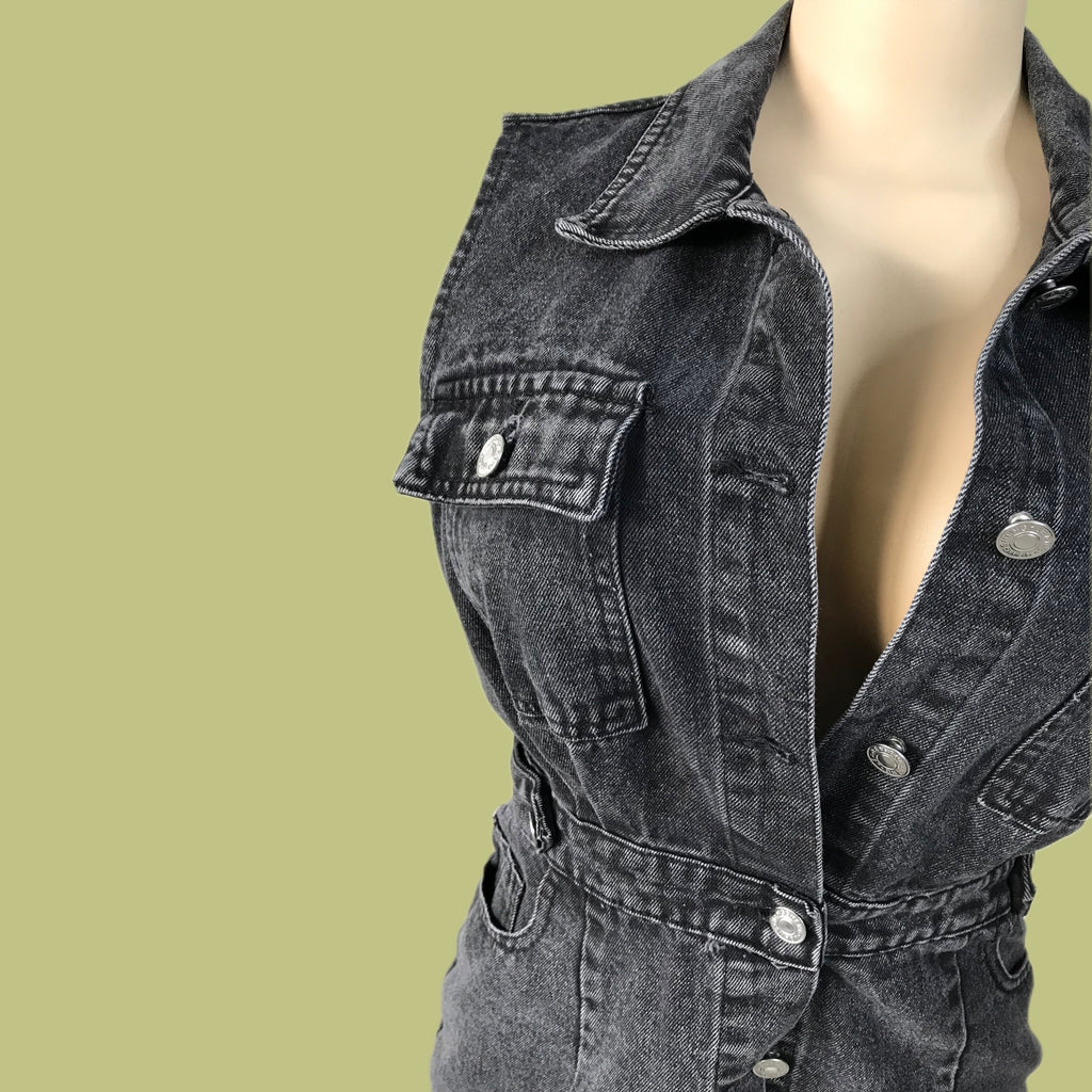 90s Denim Button Front Midi Dress Charcoal - S