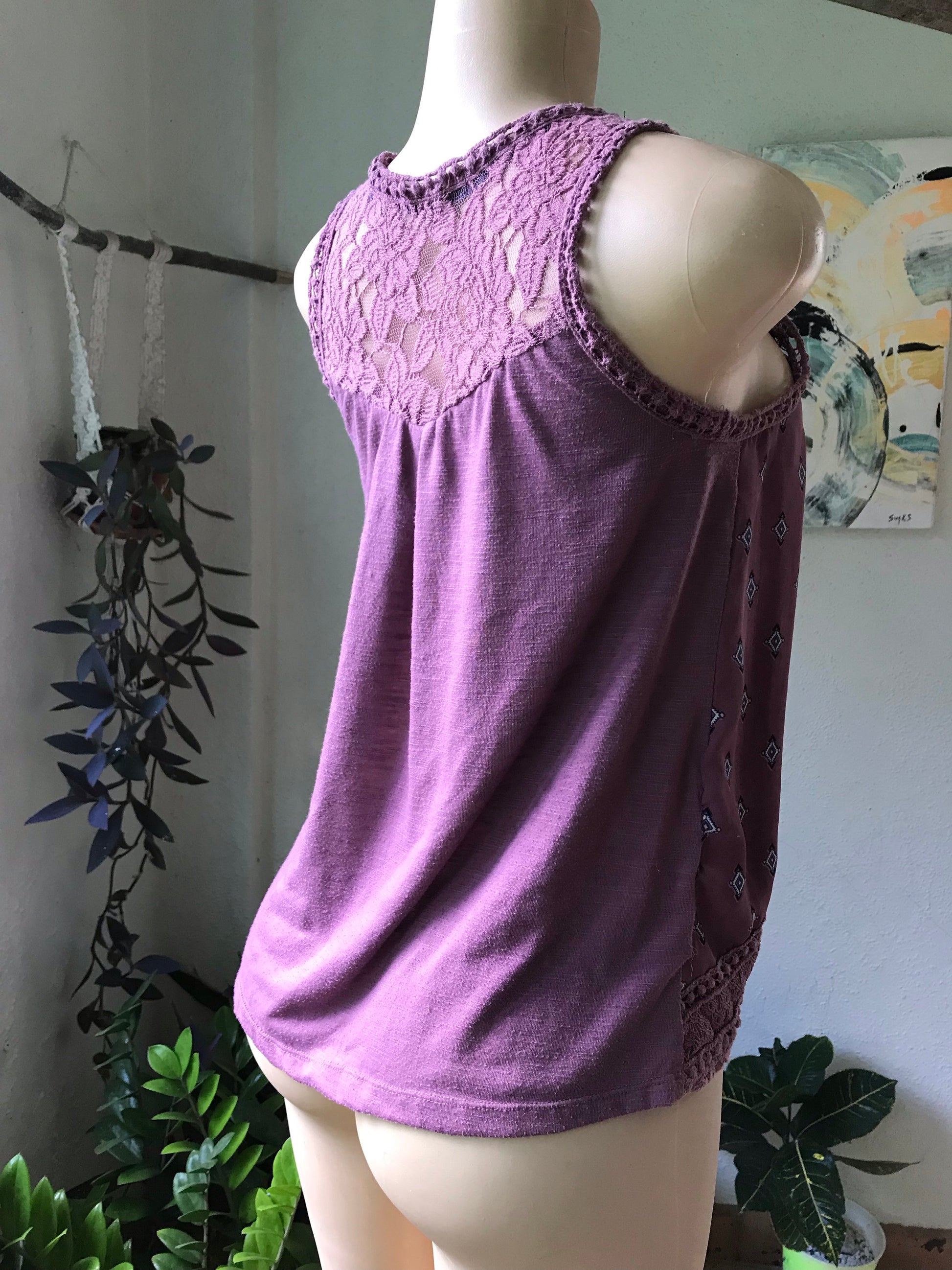 Purple Print Crochet Det Top