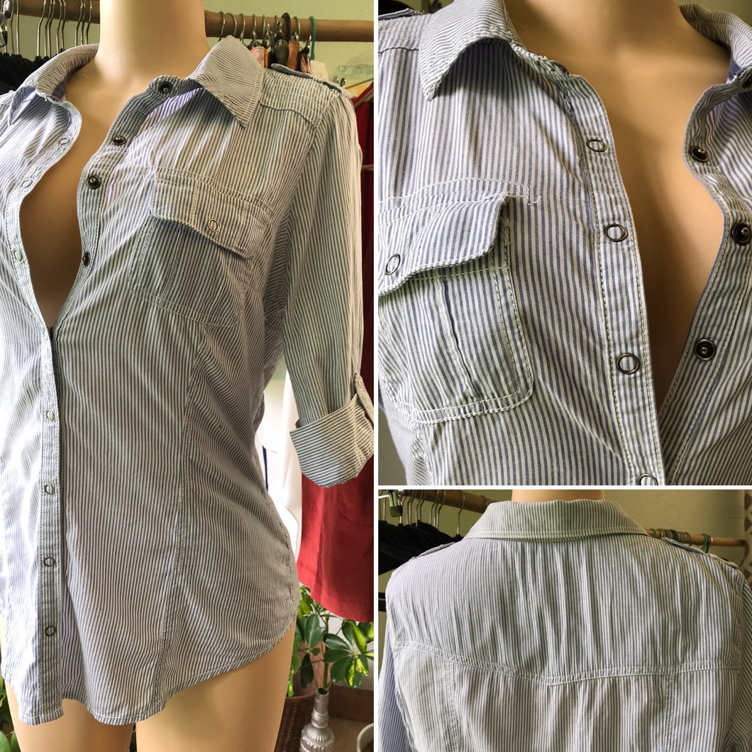 Blue Stripe Cuffed Work/Play Button Down Blouse