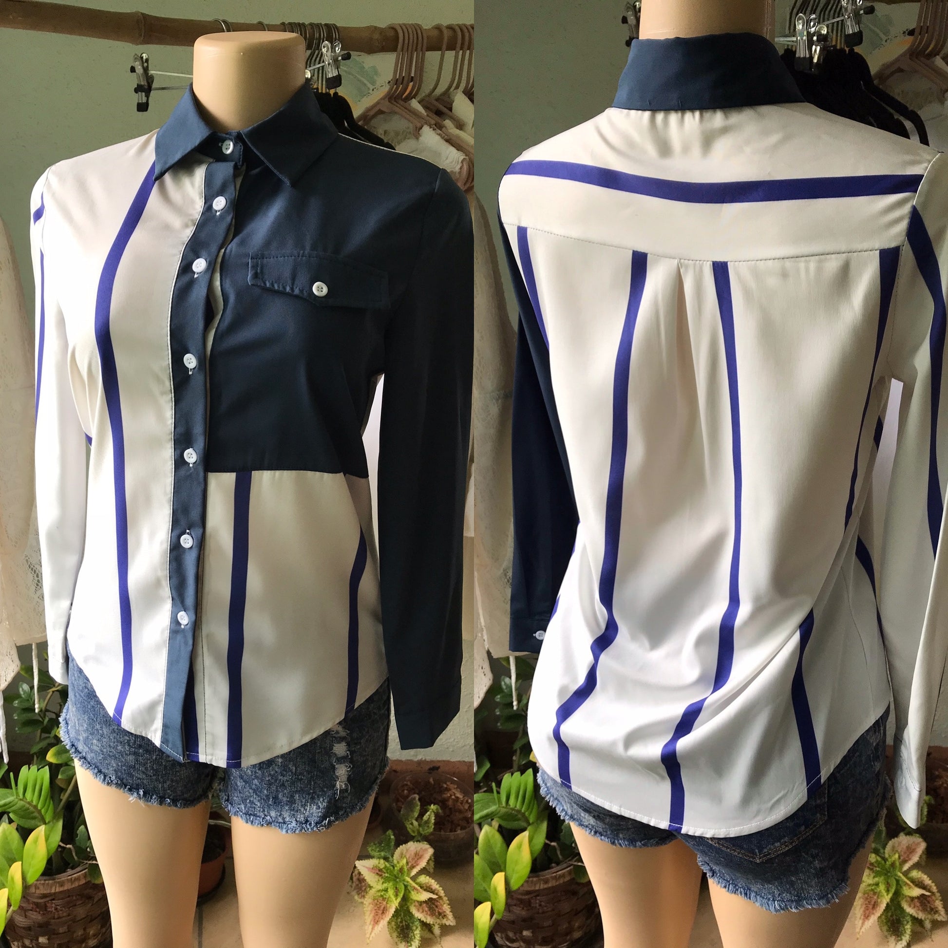Asymmetrical White Navy Button Down Blouse