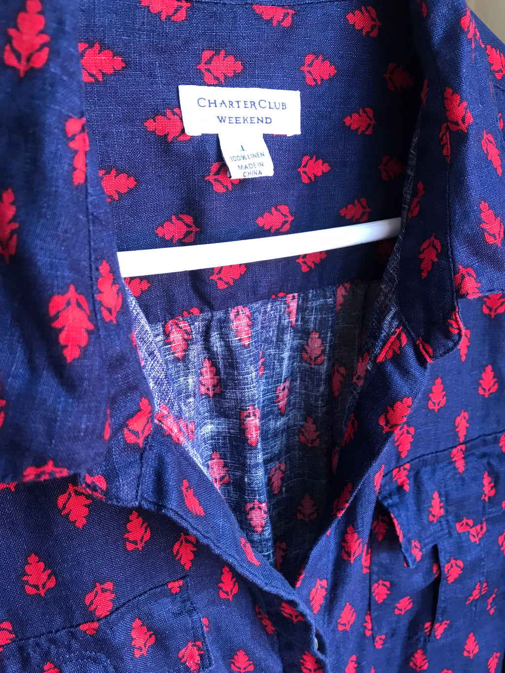 Charter Club Linen Navy Print Button Up - L