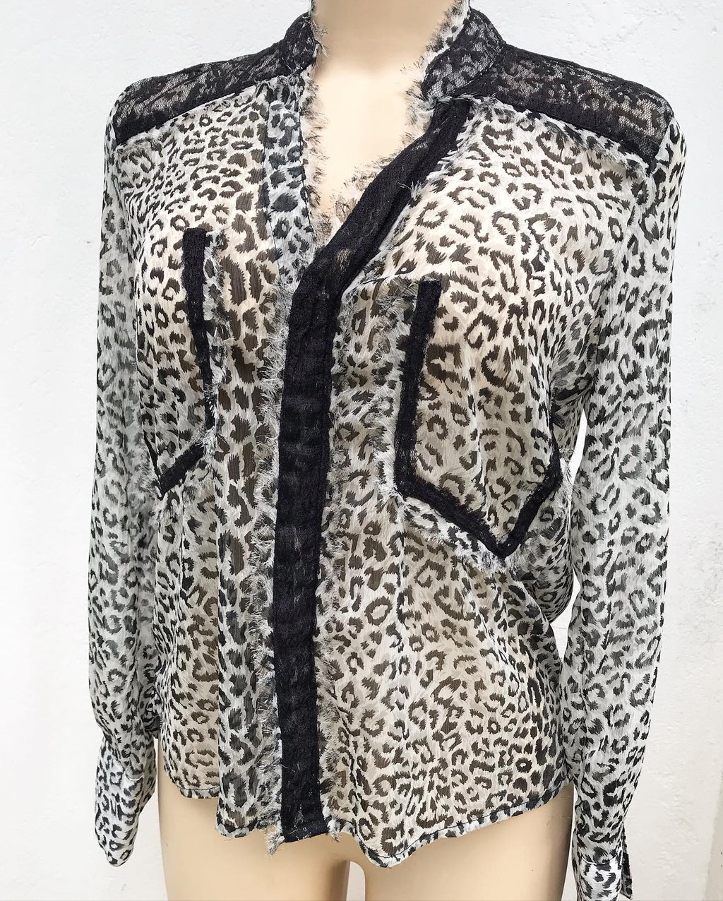 Vintage Fray Edge Conceal Button Animal Print Paper Thin Blouse