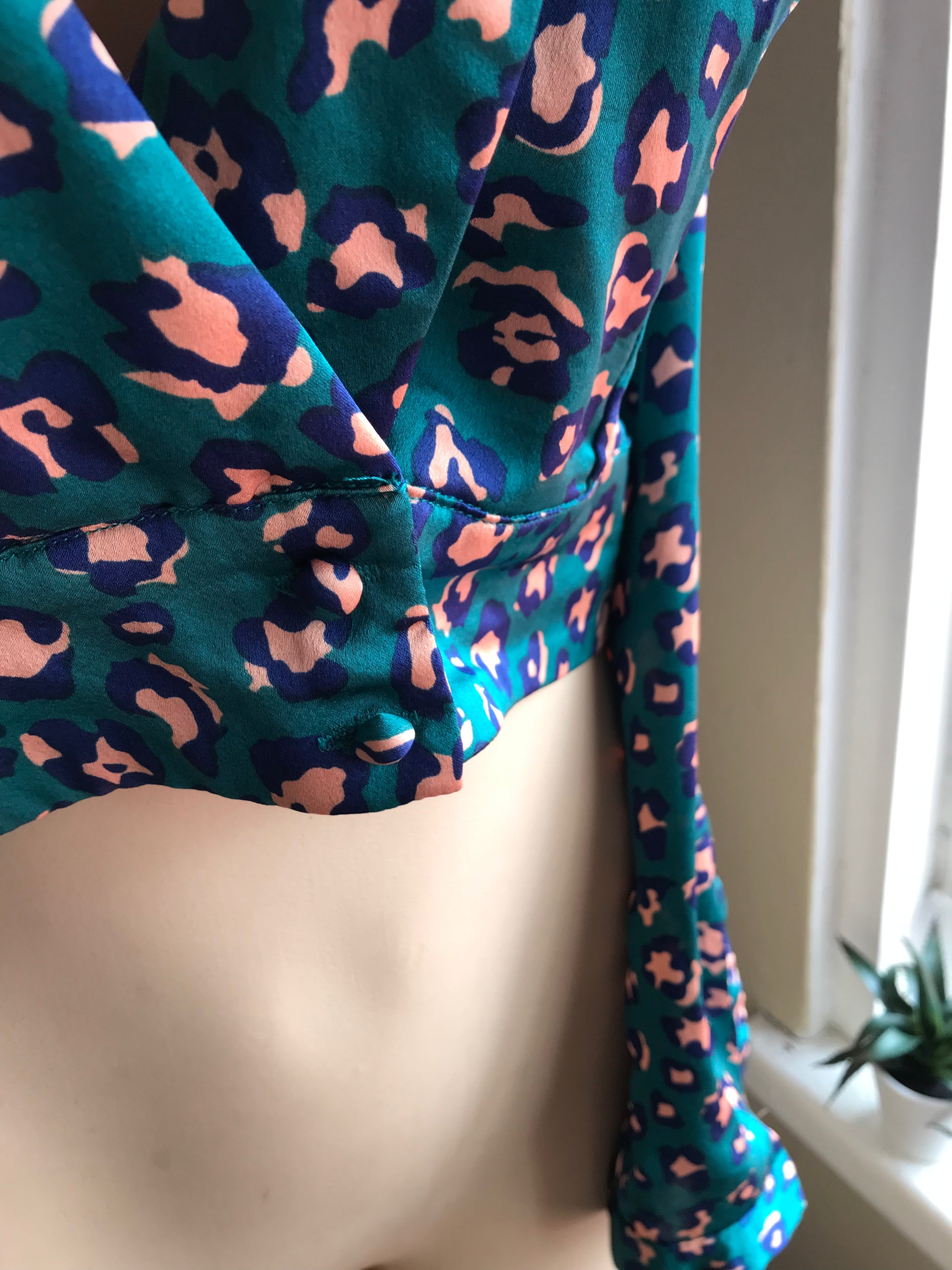 Fashion Nova Silky Teal Cheetah Wrap Blouse - M