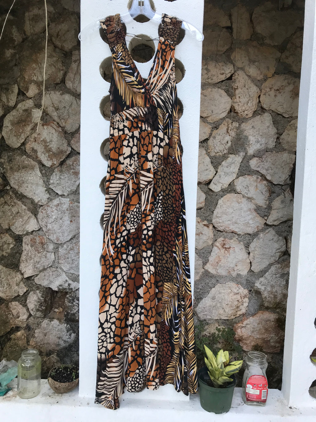 Vintage African Print Leaf Maxi dress - S/M