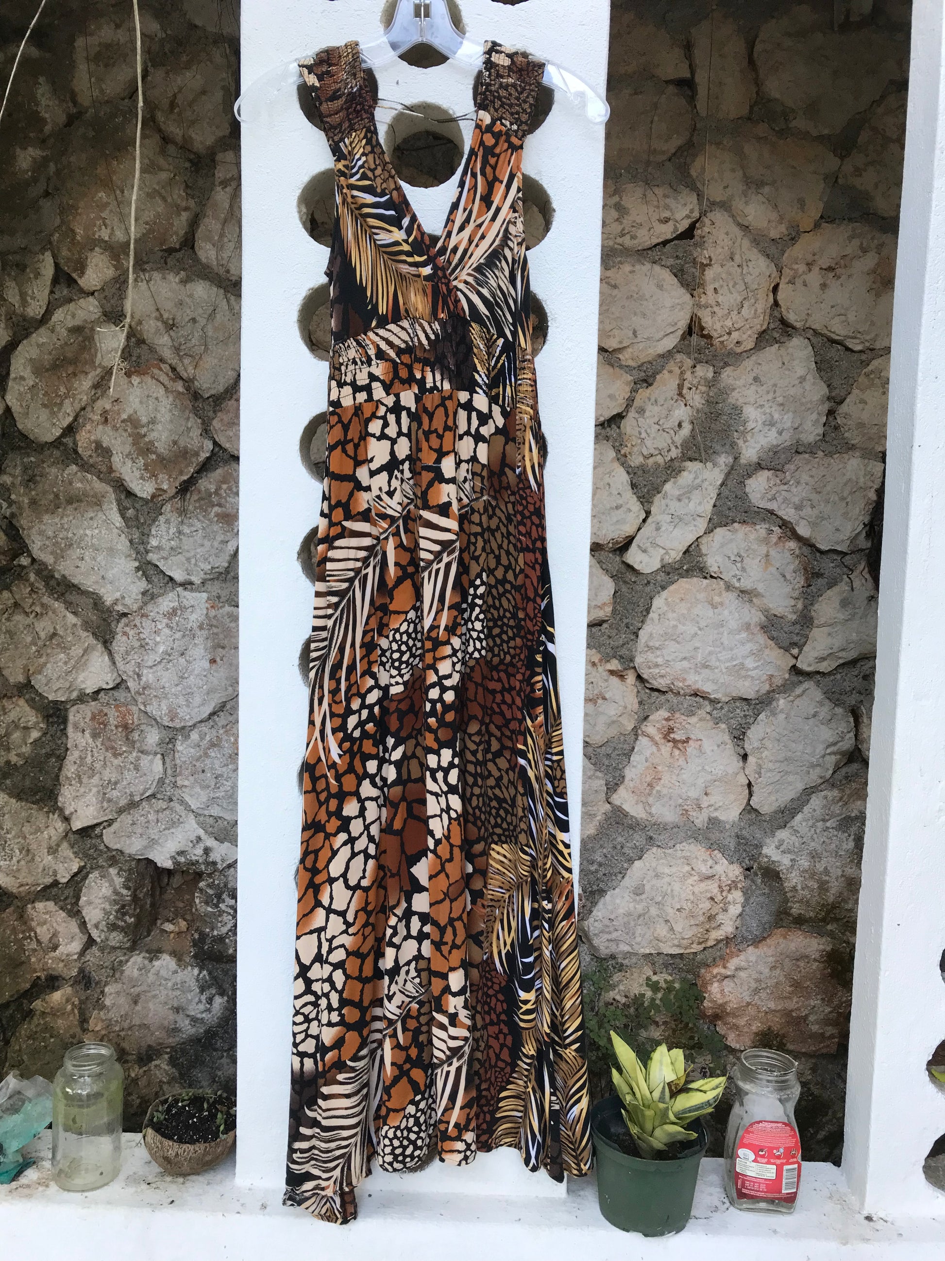 Vintage African Print Leaf Maxi dress - S/M