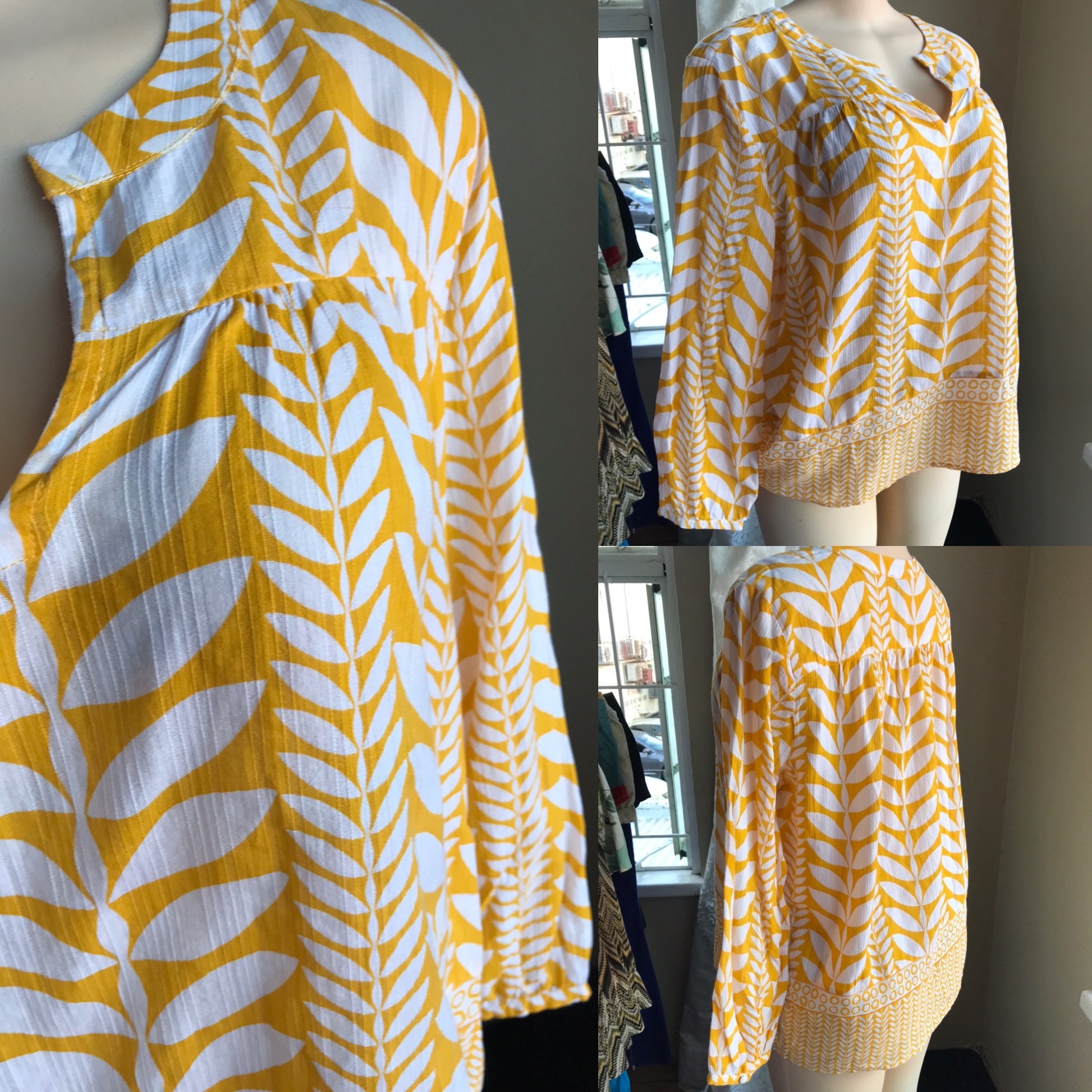 Ann Taylor Mustard Crinkle Blouse Leaf Print - L