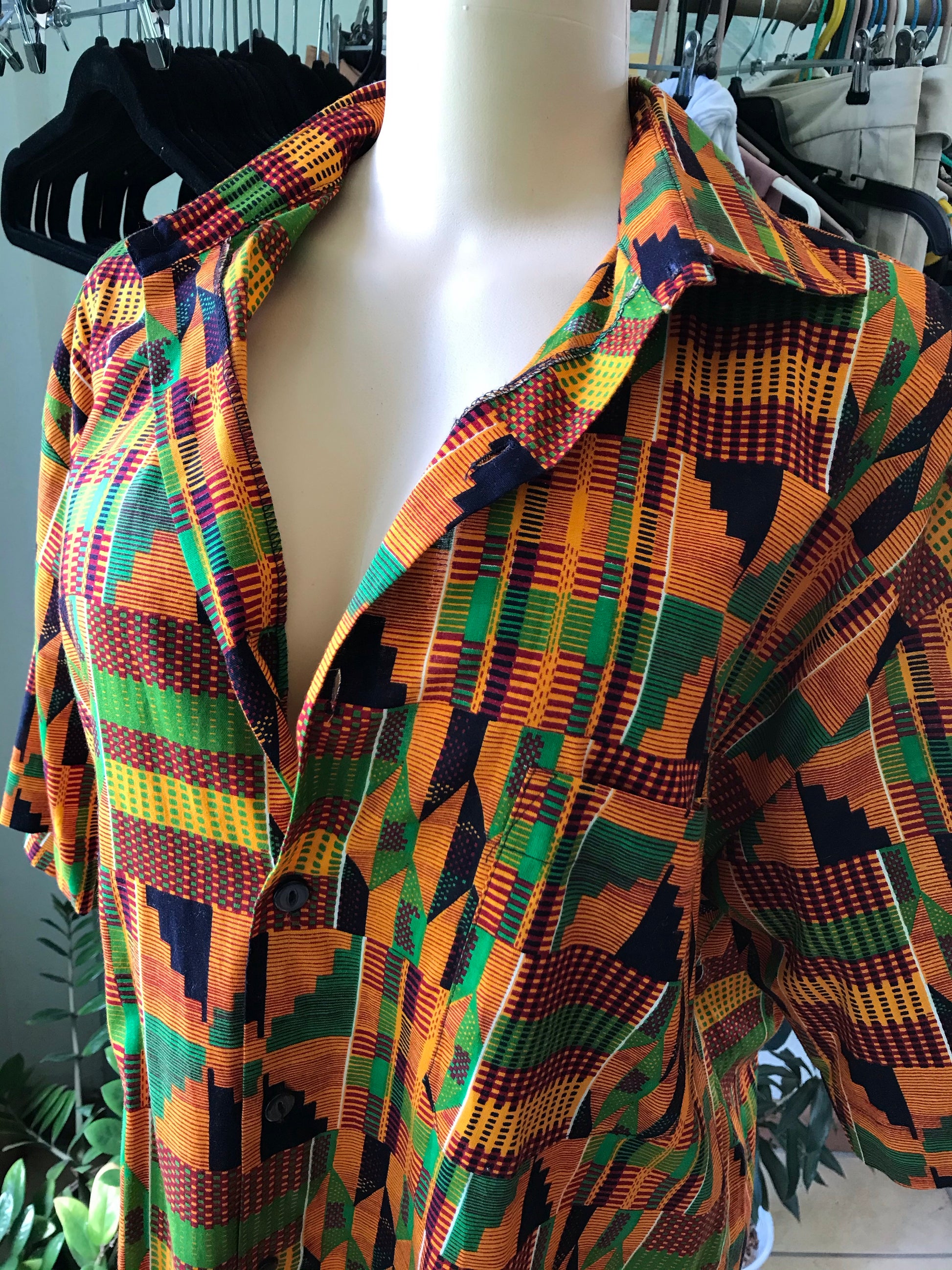 Never Worn 80s Vintage African Print Men's Button Down 100% Cotton New