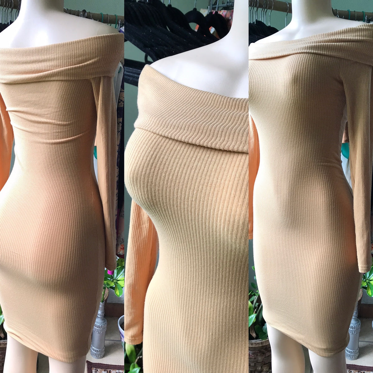 Mustard Ribbed Off the Shoulder Long Sleeve Knit Dress Bodycon