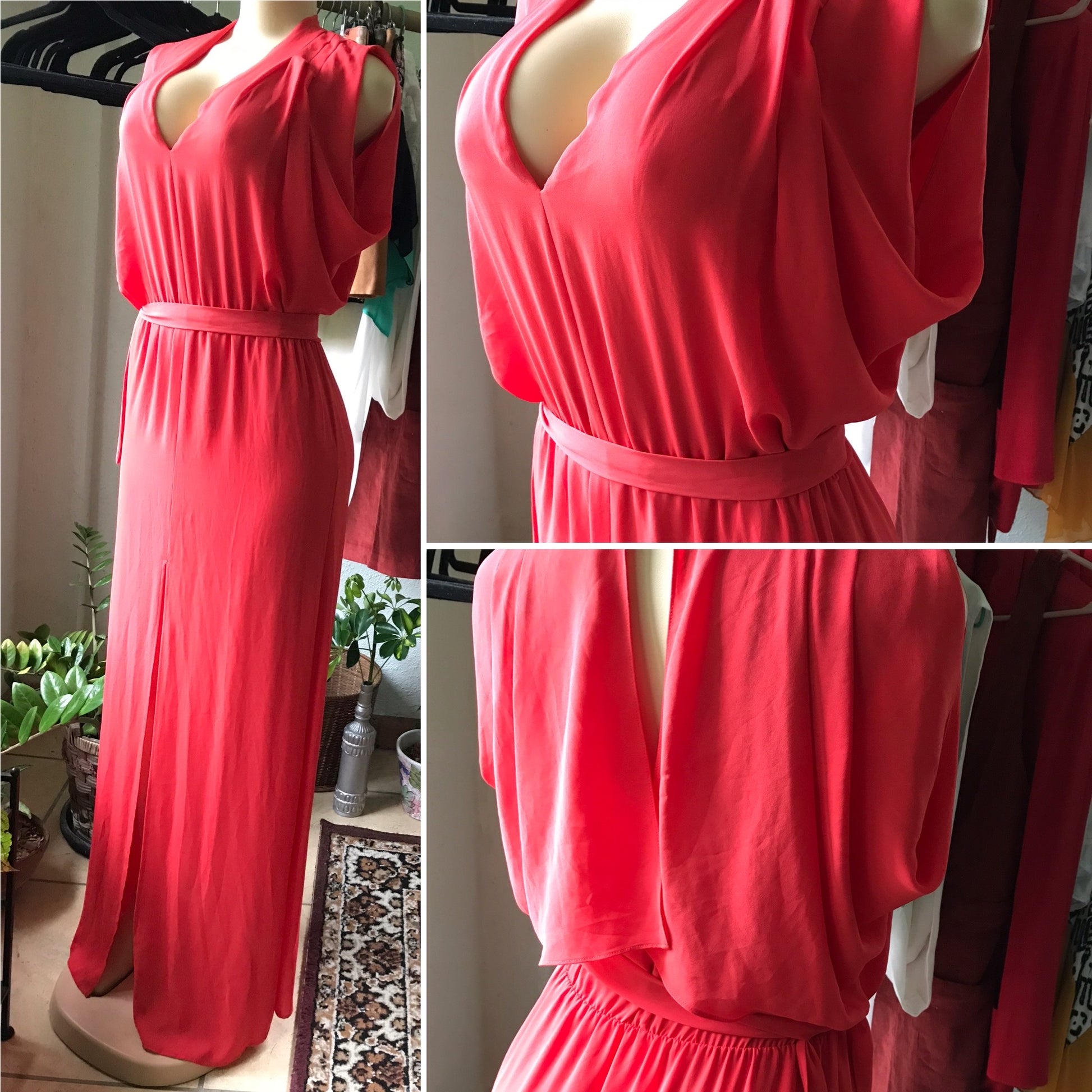 BCBG Sheer Red Maxi Goddess Dress Slits
