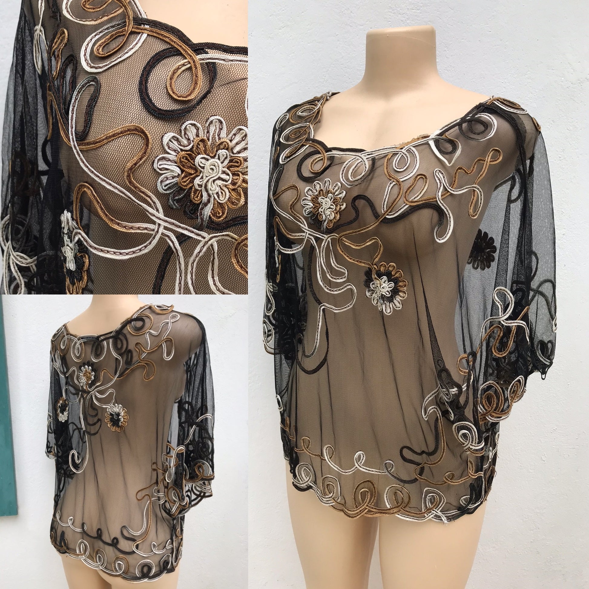 Vintage Sheer Squiggle Applique Blouse Black