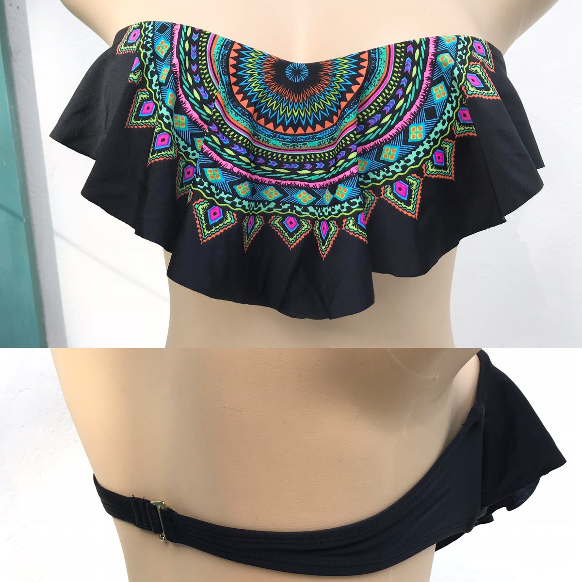 Black Ruffle Boho Print Swim Top
