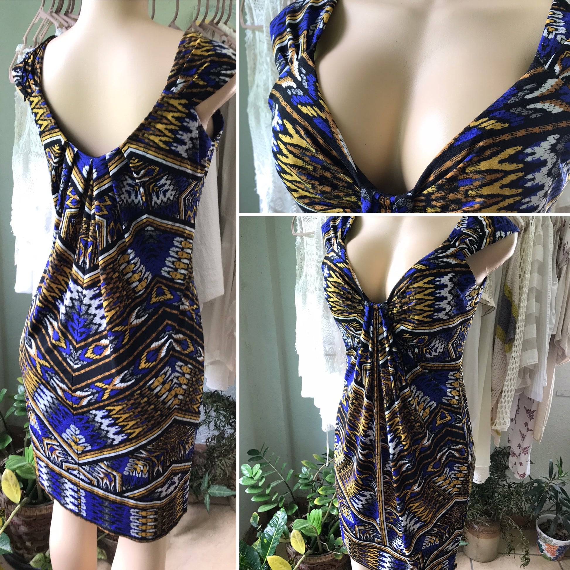 Retro Blue Yellow Print Stretchy Dress