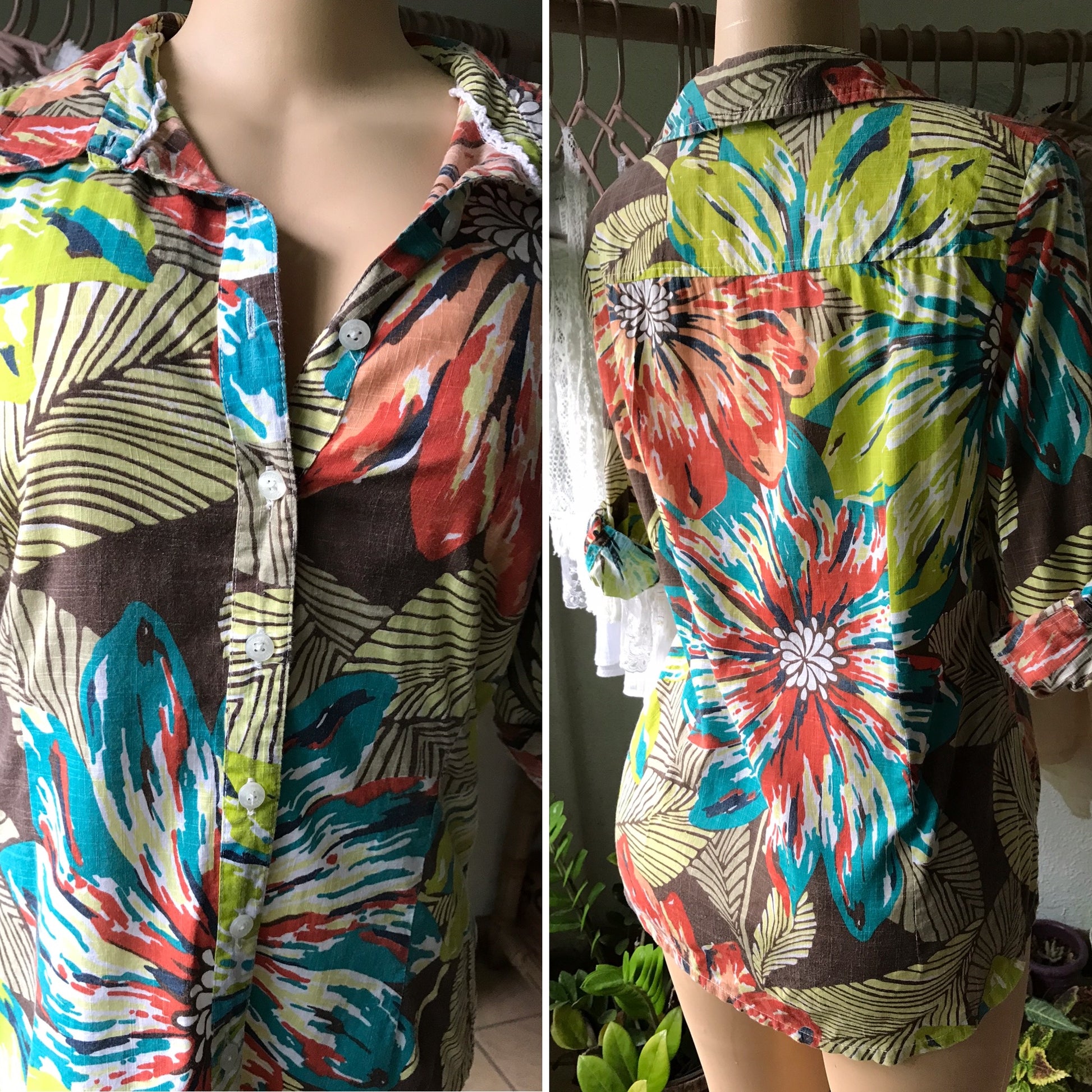 Vintage Cotton Made in India Button Blouse  Multicolour Flower